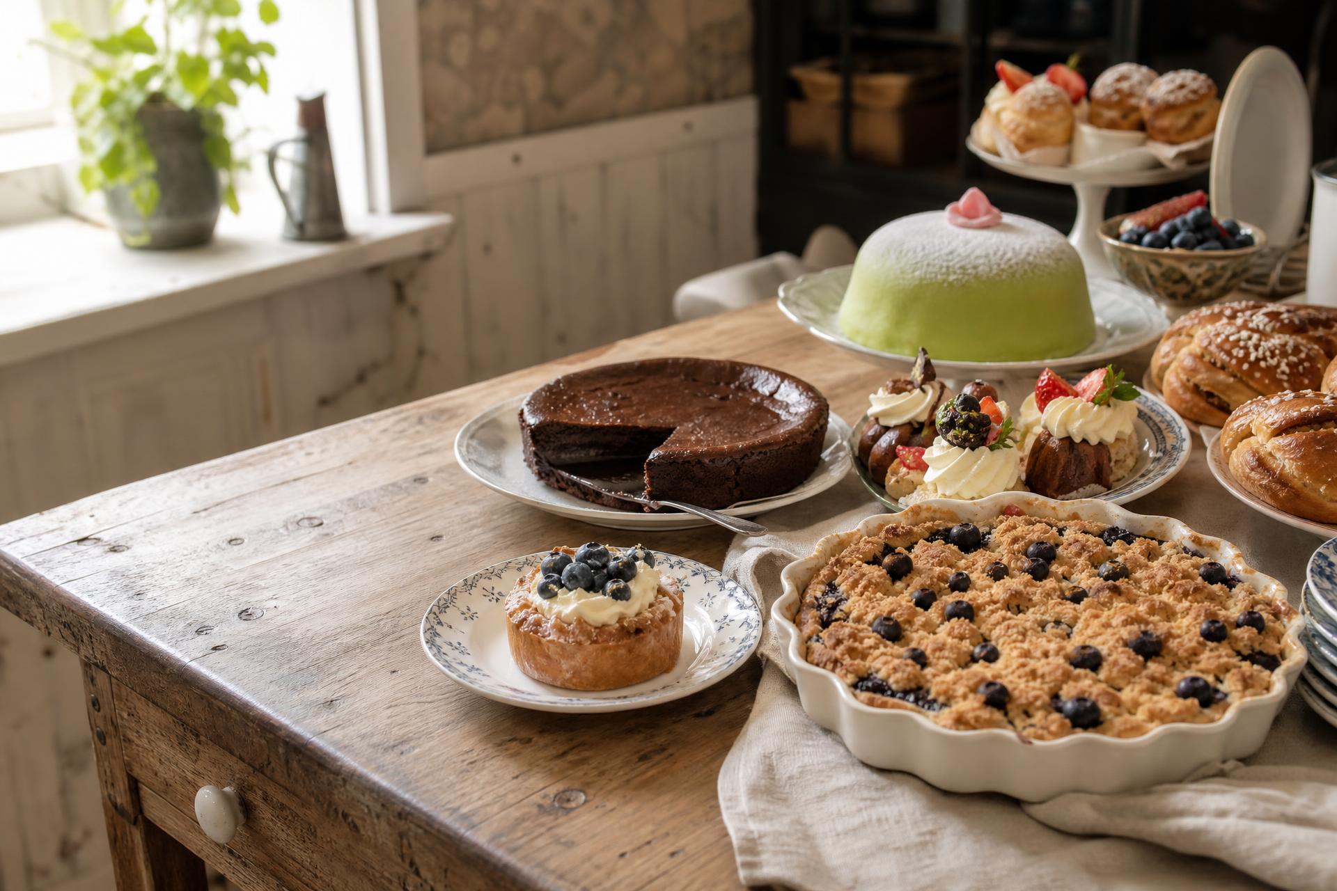 Dessertbord i ljust gammaldags kök med blåbärspaj, kladdkaka, prinsesstårta, små bakelser och bullar på fina fat