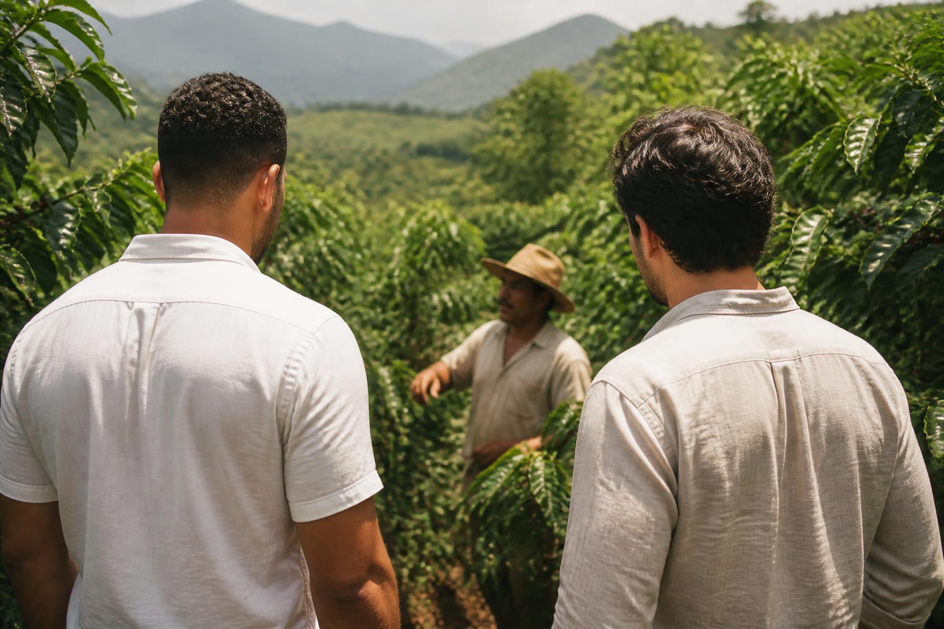 Två män sedda bakifrån samtalar med en colombiansk kaffeodlare bland kaffeplantorna