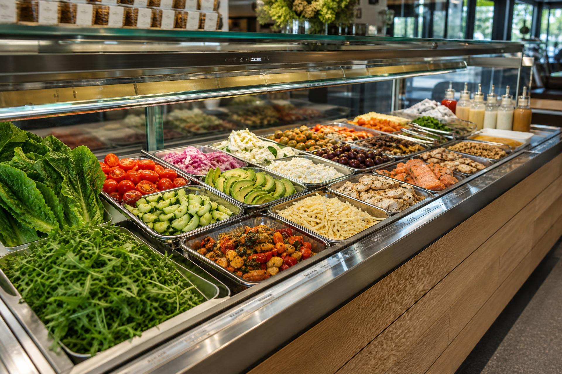 Lång, välfylld salladsbar med färska råvaror i separata behållare